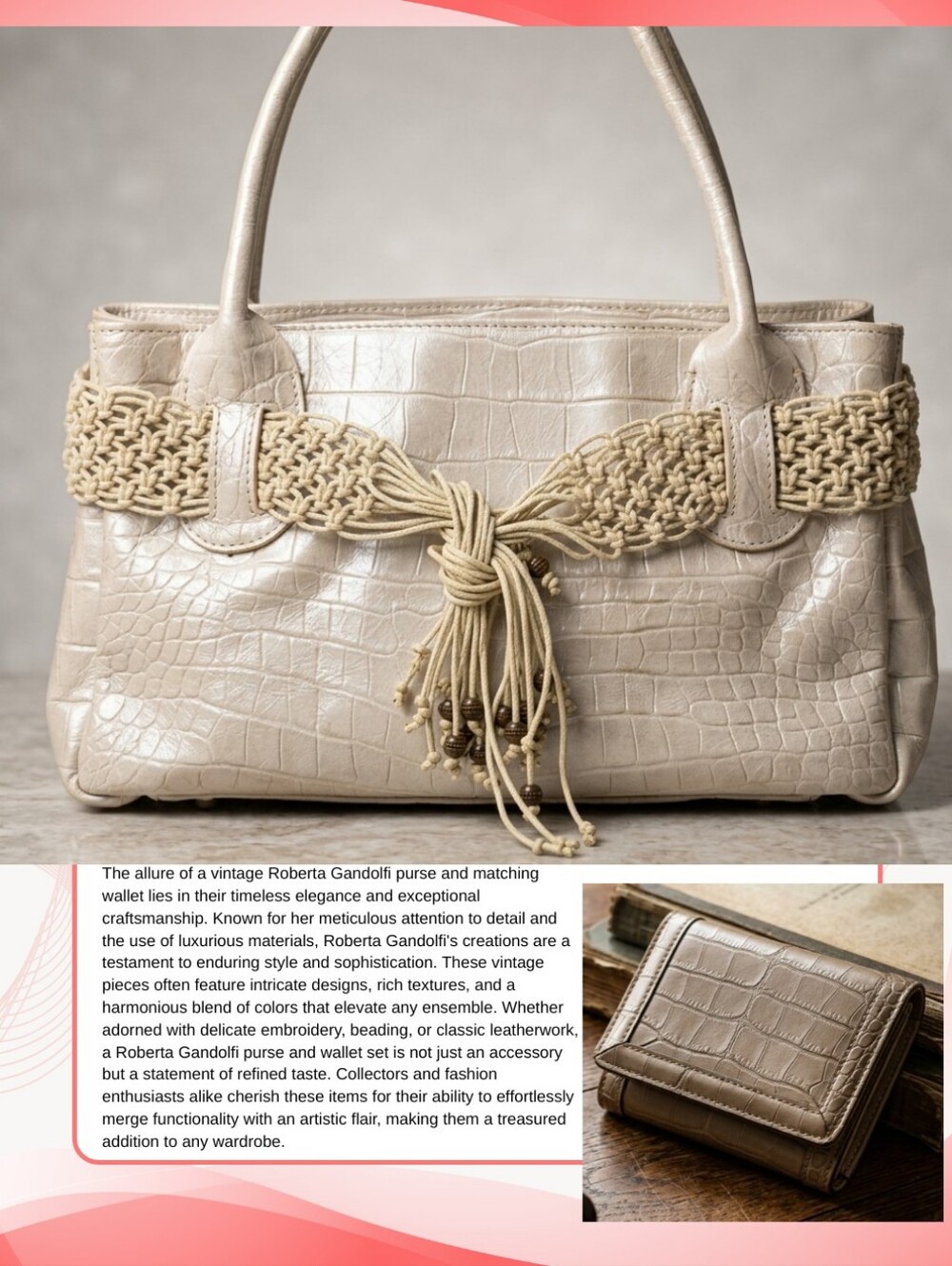 ROBERTA GANDOLFI Y2K, Made in Italy, Pearlescent Croc,Boho Bow Tote